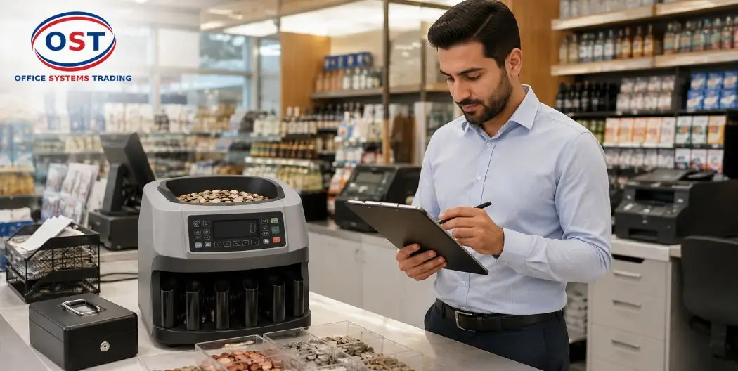 choosing-coin-sorter-uae-retail-store Retail manager choosing the right coin sorting machine for a UAE store