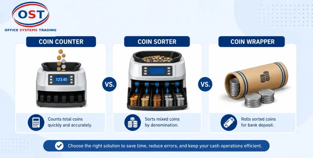 Coin Counter vs Coin Sorter vs Coin Wrapper Explained Infographic comparing coin counter, coin sorter, and coin wrapper functions