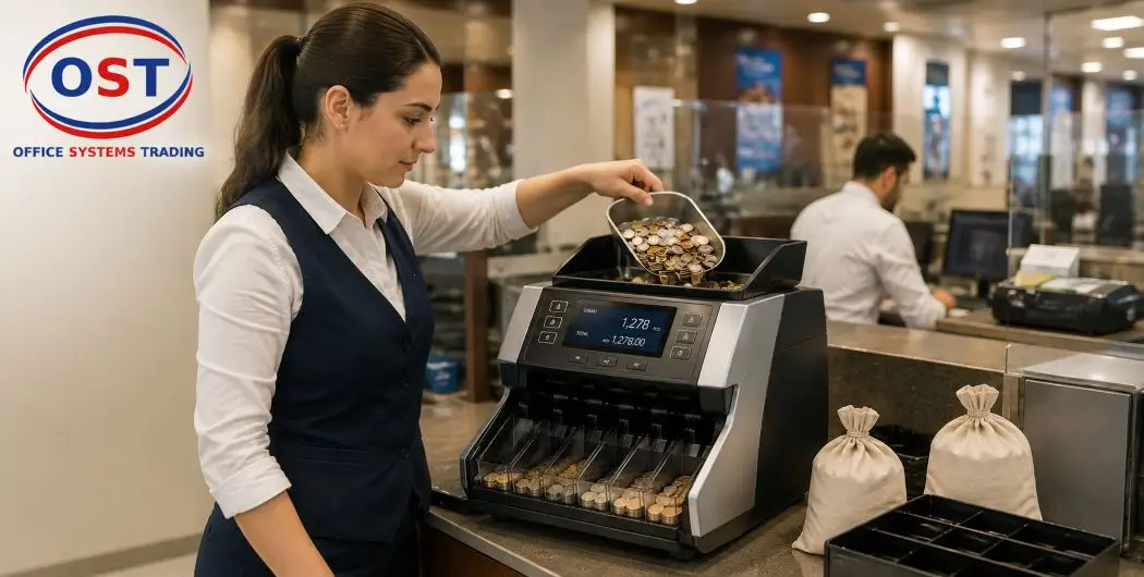 coin-counting-machine-bank-retail-use-case Bank staff using a coin counting and sorting machine for daily cash handling