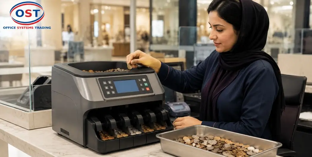 coin-counting-machine-retail-bank-use-uae Retail cashier using a coin counting machine to process coins in the UAE