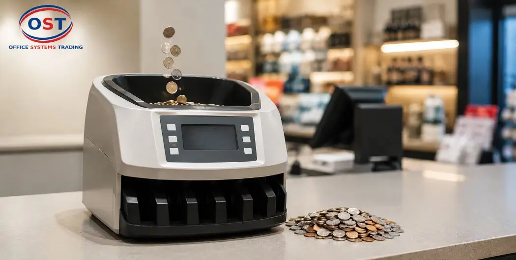 coin-counting-machine-retail-counter Coin counting machine on a retail counter ready to count and sort coins