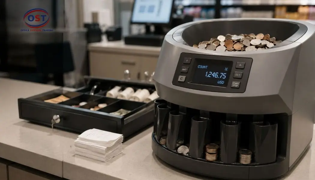 coin-counting-machine-retail-uae Coin counting machine for retail UAE store sorting mixed coins at checkout counter