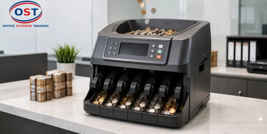 Coin Counting and Sorting Machine for GCC Businesses Heavy-duty coin counting and sorting machine processing coins on an office counter in the GCC
