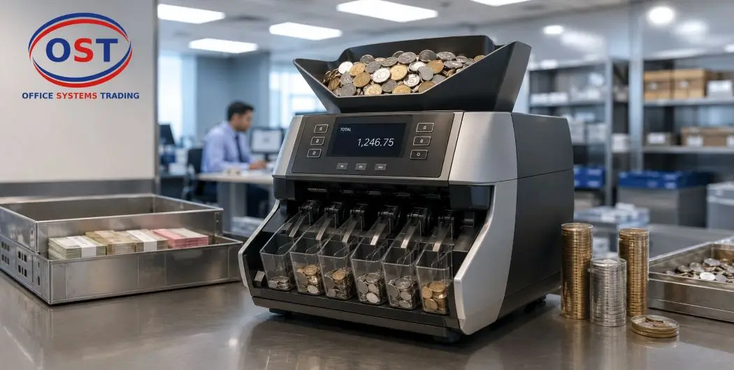 coin-counting-sorting-machine-uae-buying-guide Heavy-duty coin counting and sorting machine used in a UAE bank cash office