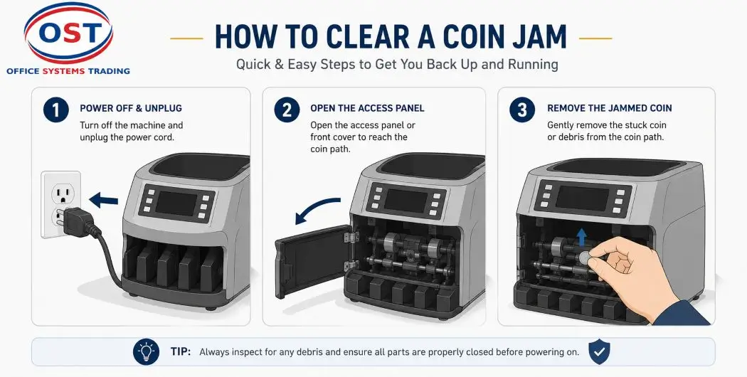coin-jam-removal-steps-guide Step-by-step illustration of safely clearing a coin jam in a coin counter