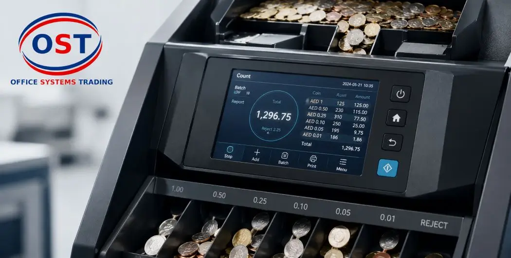 coin-processing-machine-touch-screen-hopper Touch screen display and hopper feed on a heavy duty coin processing machine