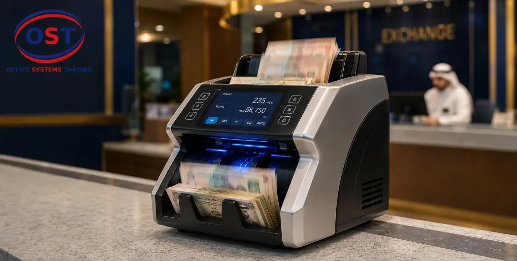 currency-counter-sorter-uv-mg-ir-detection Currency counter and sorter machine with UV MG IR detection processing banknotes at a bank counter