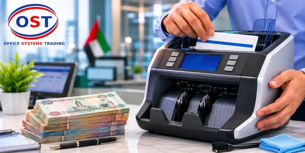 currency-counting-machine-maintenance-uae Technician performing currency counting machine maintenance UAE with a cleaning car
