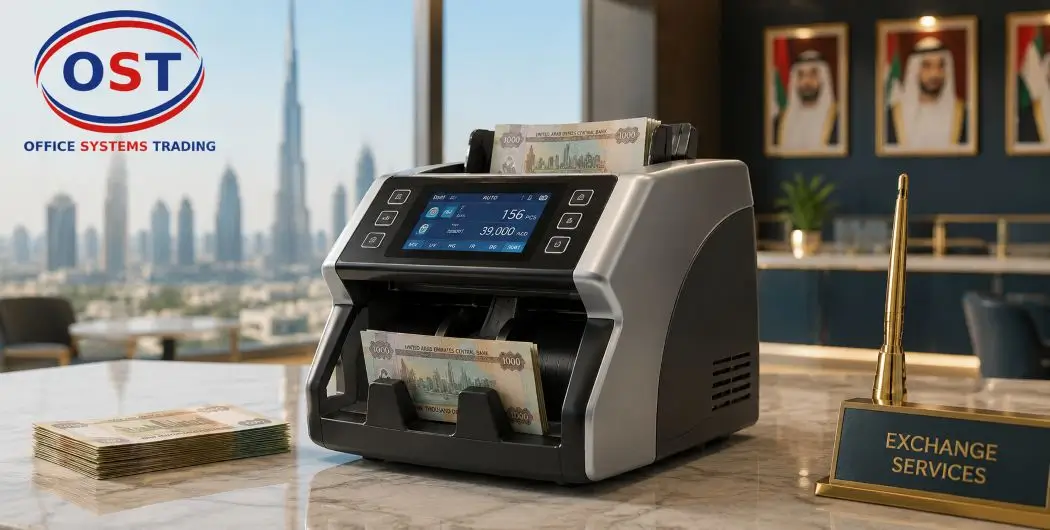 currency-counting-sorting-machine-price-uae Currency counting and sorting machine price UAE — commercial banknote sorter in a Dubai office