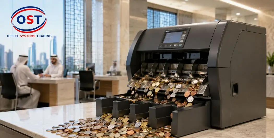 heavy-duty-coin-processing-machine-uae Heavy duty coin processing machine sorting mixed coins in a UAE bank cash office