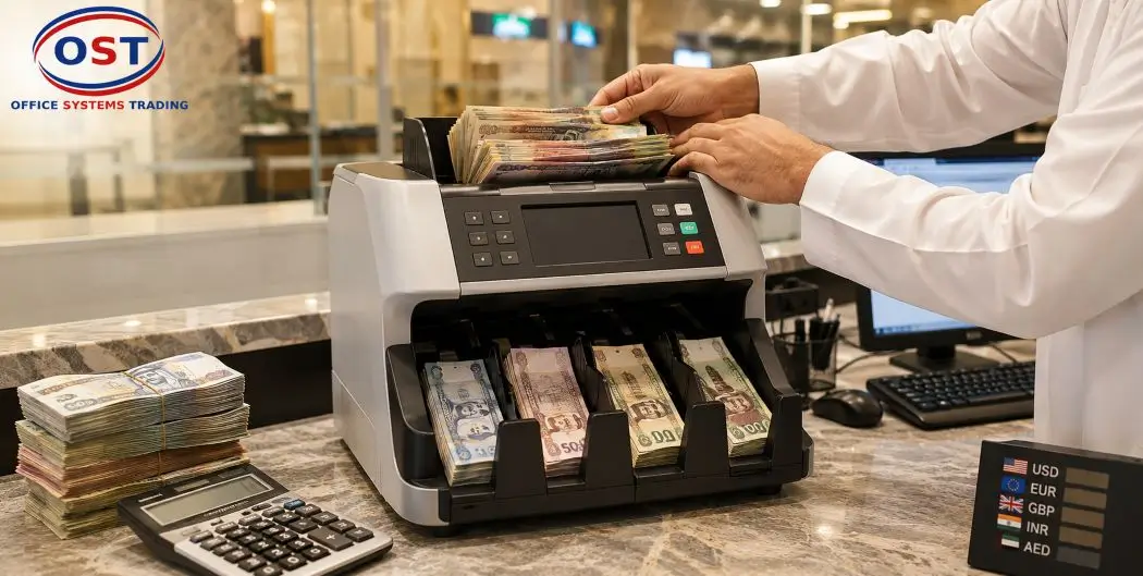 cash-handling-equipment-exchange-house-uae Cash handling equipment used in a UAE exchange house for sorting banknotes