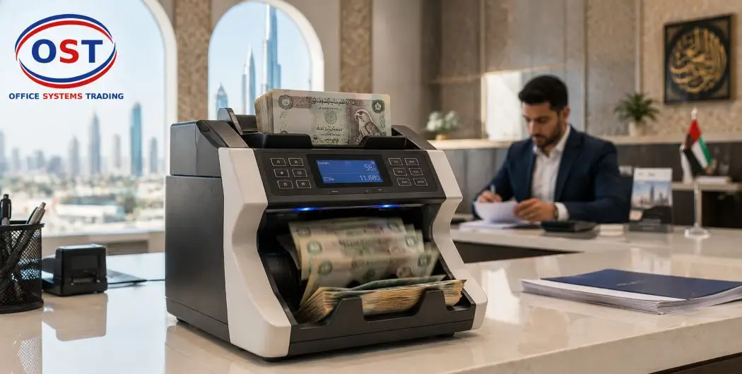 cash-management-system-uae-currency-counter Cash management system in a UAE office processing AED banknotes with a currency counting machine