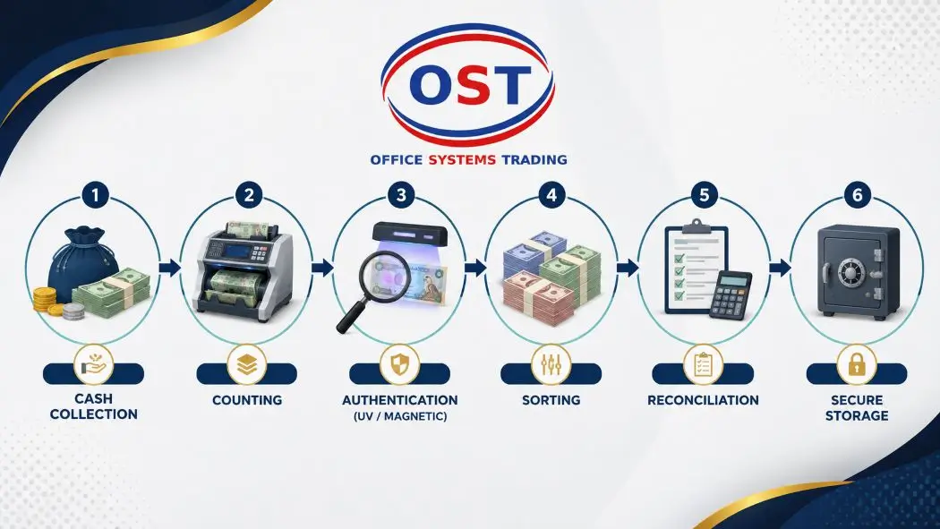 cash-processing-workflow-authentication-sorting Cash processing workflow diagram showing counting, counterfeit authentication and banknote sorting stages