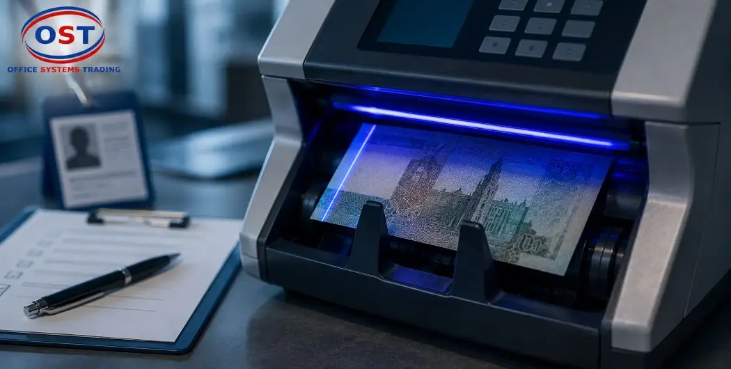 counterfeit-detection-compliance-currency-machine-gcc Counterfeit detection scan on a multi-currency counting machine for GCC compliance