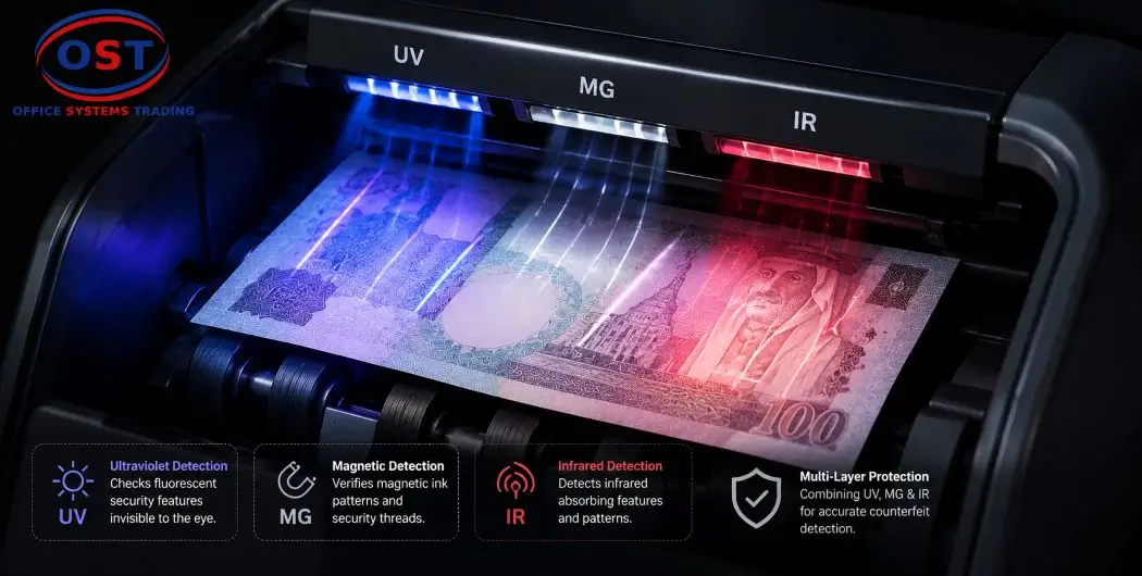 counterfeit-detection-sensors-currency-counting-machine UV and infrared counterfeit detection sensors scanning a banknote in a currency counter