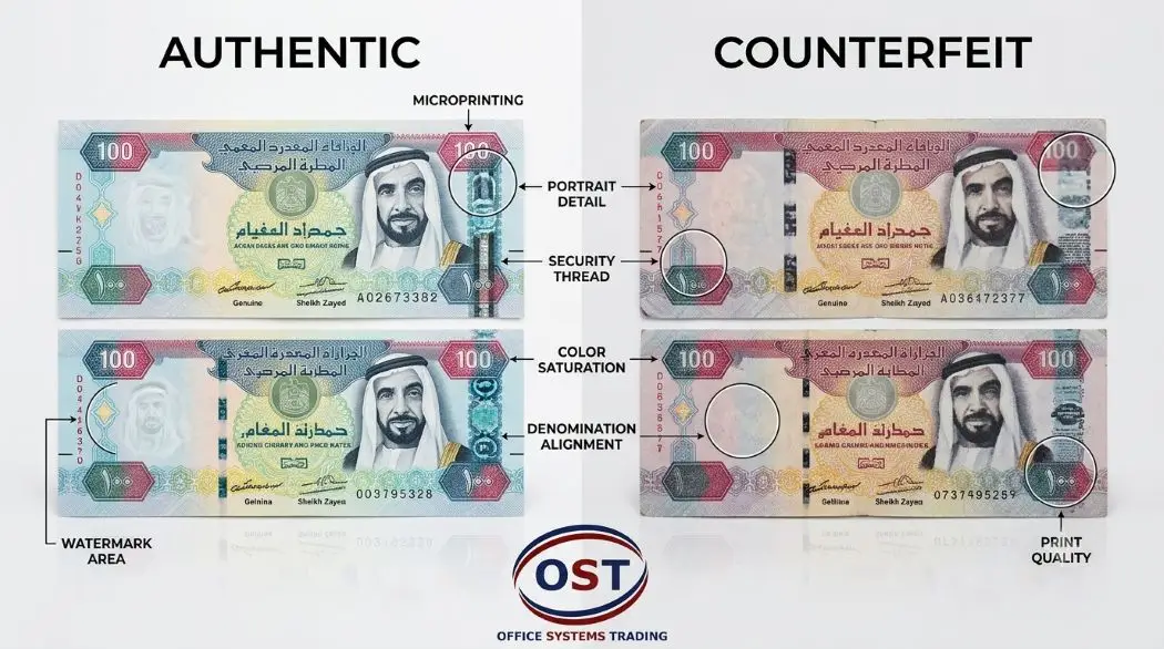 Side-by-side comparison of genuine 100 AED UAE Dirham note versus counterfeit note showing security thread, watermark, microprinting, and color saturation differences