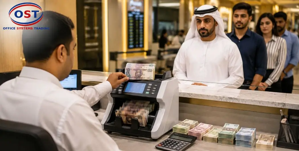 multi-currency-counting-machine-gcc-businesses Multi-currency counting machine in use at a busy GCC exchange counter