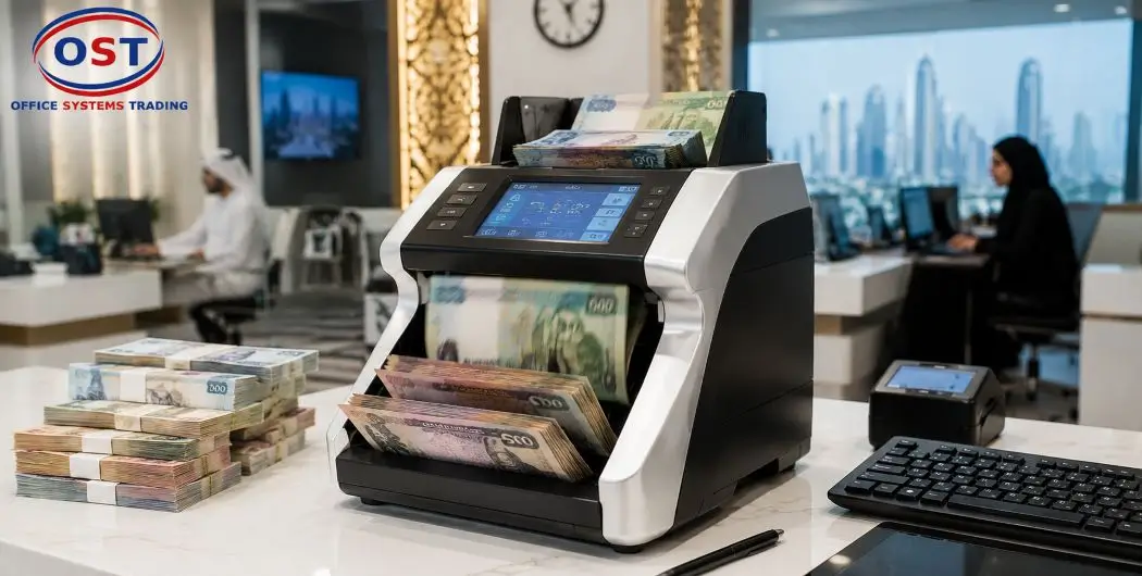 multi-currency-counting-machine-gcc-exchange-office Multi-currency counting machine sorting mixed banknotes at a GCC currency exchange office