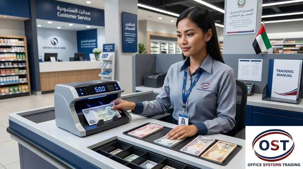 Professional cashier or business owner using counterfeit currency detector to verify genuine UAE Dirham notes in modern retail environment with secure cash handling practices
