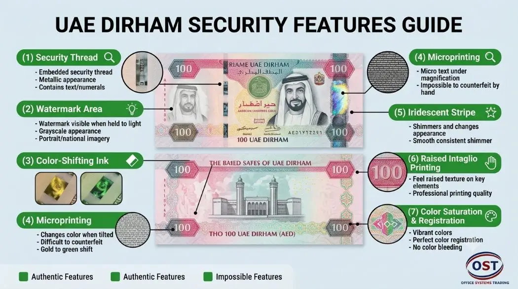 UAE Dirham security features infographic guide showing security thread, watermark, color-shifting ink, microprinting, iridescent stripe, and intaglio printing with detailed callouts and magnification